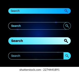 Buscar en un sitio web o aplicación. Campo de consulta, botón de búsqueda. El usuario puede introducir palabras clave para encontrar información relevante. Conjunto de controles sobre fondo negro, ui ilustración vectorial plana para diseñadores
