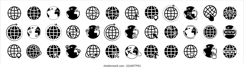 Search bar elements and globes icons set. WWW, search, globe, cursor. Vector illustration.	