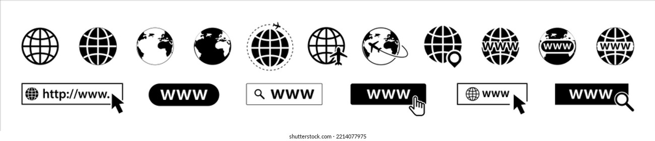 Search bar elements and globes icons set. WWW, search, globe, cursor. Vector illustration.	