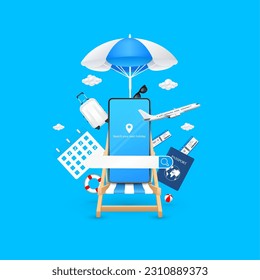 Search bar empty, Phone on deck chair and umbrella. Luggage passport ticket floating in air. Airplane taking off. Search to travel destination accommodation, booking flight online app website. Vector.