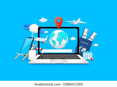 Barra de búsqueda vacía y mapa mundial, alfiler de ubicación roja en computadora portátil con avión despegando. Equipaje con paraguas en la tumbona, pasaportes para boletos. Buscar destino de viaje, reservar vuelo en línea. Vector