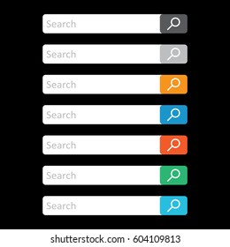 Search bar field. Set vector interface elements with search button. Flat vector illustration on black background.