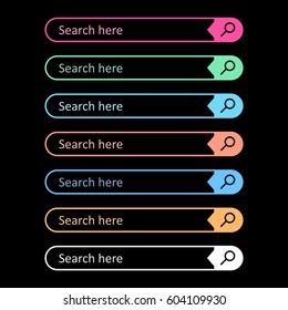 Search bar field. Set vector interface elements with search button. Flat vector illustration on black background.