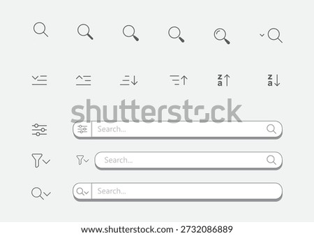Search Bar and Filter UI Elements Set for User Interface Design, Sorting and Navigation Controls with Minimal Line Style, Modern Input Components for Web and Mobile App, Dashboard, Software, and Application Interface