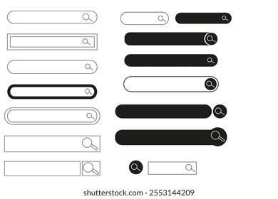 Buscador de barras de Búsqueda, cuadro de texto de marco moderno, forma con lupa, elemento de diseño de interfaz Menu ui. Anuncio simple, borde del sitio.