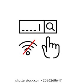 Search bar, finger click and no wi-fi symbol. Browser disconnected, offline mode. Pixel perfect, editable stroke vector icon