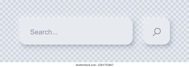 Search bar form template of neomorphic interface. Neomorphism design element, UI component. Vector layout illustration isolated object for website, interface, social media on transparent background.