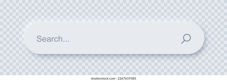 Search bar form template of neomorphic interface. Neomorphism design element, UI component. Vector layout illustration isolated object for website, interface, social media on transparent background.
