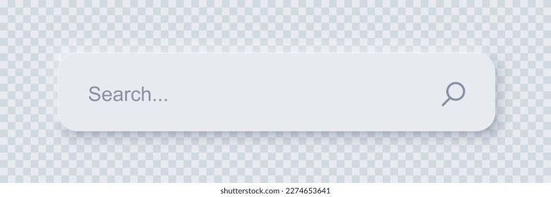 Search bar form template of neomorphic interface. Neomorphism design element, UI component. Vector layout illustration isolated object for website, interface, social media on transparent background.