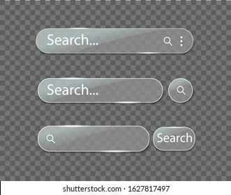 Search bar glass box. Glossy search arrow for ui, web form, computer on transparent background. Search address field and navigation button for website. Panel form for text in internet page. vector