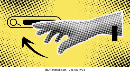 Search bar with halftone effect pointing hand and arrow in retro collage style. Vector modern graphic pop art illustration with dots. Design for infographic, poster, website