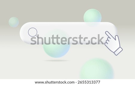 Search bar with hand cursor on abstract modern background with floating spheres. Vector 3d illustration.