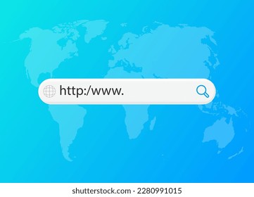 Search bar. Icon of internet browser on world map. Button for find in web. Url and link of website. Design of site with navigation box. Symbol for computer, seo and www. Vector illustration.