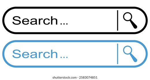 Search bar icon. Internet browser search bar frame. Search engine,  web browser template. Collection of search box button address form and navigation bar elements. liner stock with Black and blue. 