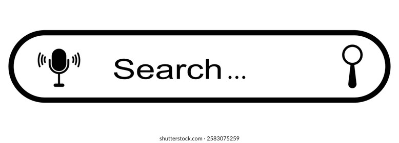 Search bar icon with magnifying glass and voice search button. Search tool. Vector. Simple search bar as part of user interface design. Flat design style. Vector illustration. EPS 10 