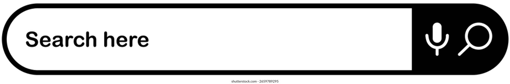 Icono de la barra de Búsqueda sobre fondo blanco. Barra de Búsqueda con el ícono de voz. Cuadro de búsqueda digital moderno. Caja de Búsqueda con micrófono. Campo de entrada de barra de búsqueda redondeada. Gráfico de interfaz de usuario en línea. Ilustración vectorial.