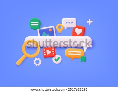 Search bar icon. Searching image and video files in database. 3d document management concept media, document online, docs icon concept. 3D Web Vector Illustrations.