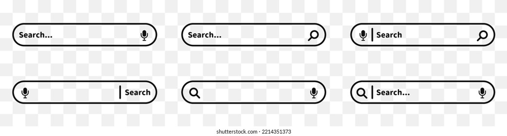 Search bar icon set on transparent background thin line style. Search bar for user interface, design and website. Search box icon set. Collection of search form templates for websites. Vector