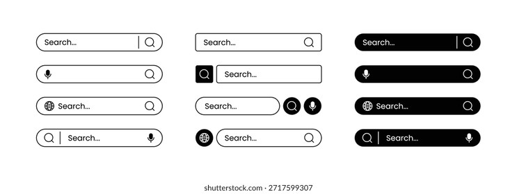 Conjunto de iconos de barra de Búsqueda con opciones de voz e idioma en estilo de Vector editable