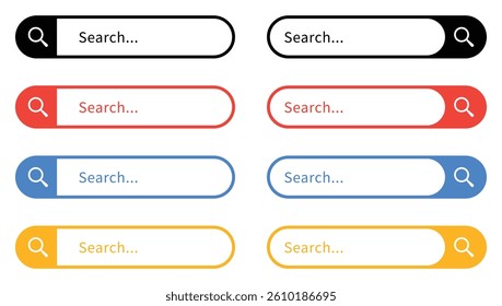 Search bar icons set for internet browser. Web page design element. Set of colorful search bar icons for websites and apps. Vector illustration.