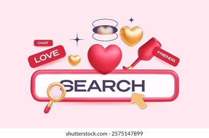 Search bar interface in a creative Y2K style. A concept of romantic meeting, partner searching, or connecting with new people. Vector template.