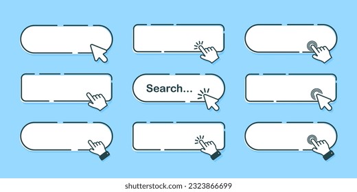 Search bar for interface, design and website on bright background. Search address and navigation bar icon with mouse cursor. A collection of search form templates for sites.
