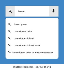 Zoekbalkinterface met tekstinvoer en suggesties voor automatisch aanvullen op blauwe achtergrond voor web-UI-concept	
