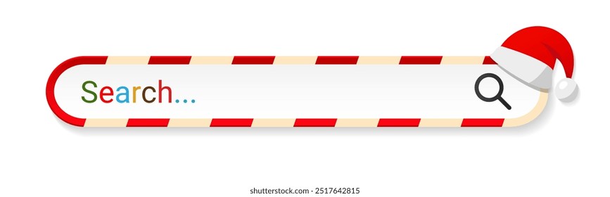 Search bar internet browser with Christmas red Santa Claus hat in sweet candy cane style. Address text field web on white background. Vector illustration