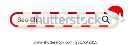 Search bar internet browser with Christmas red Santa Claus hat in sweet candy cane style. Address text field web on white background. Vector illustration
