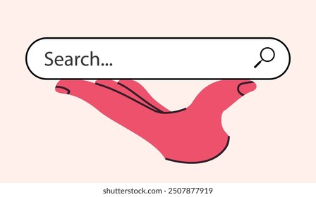 Search bar Internet browser holding hand cartoon style