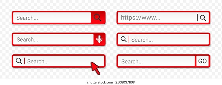 Search bar internet browser set. Address text field collection. Navigation box for website with cursor push button. Vector illustration on white background