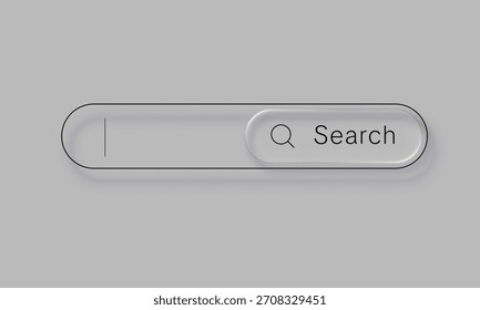 Barra de pesquisa com efeito de vidro líquido em plano de fundo azul-cinza. Elemento moderno para interface de usuário ou design de site. Ilustração vetorial.