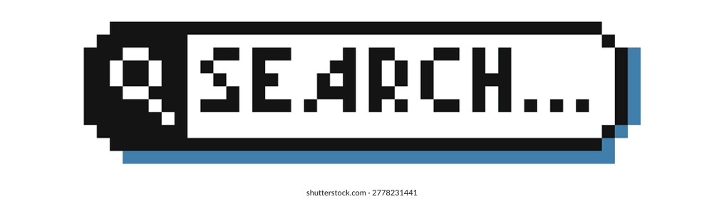 Search bar with magnifier and blocky bitmap type, rounded pill frame, and drop shadow in chunky pixels. Symbol of discovery, query, browsing, and nostalgia for early web. Cartoon vector illustration.