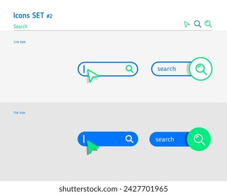 Suchleiste mit Lupenschaltfläche. Flache Vektordarstellung mit dünner Linie, Umriss und Strichstil. Für eine Website oder Anwendung, um Informationsdaten zu finden.