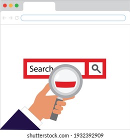 search bar with magnifying glass held by a businessman's hand