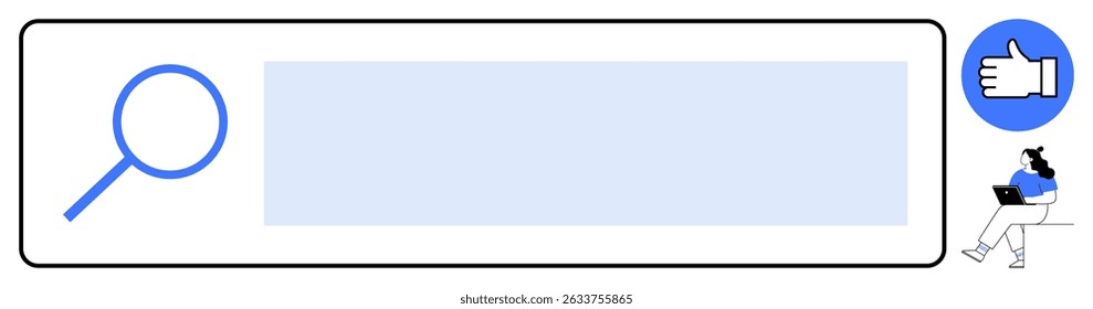 Search bar with magnifying glass icon on left, thumbs up icon on right, person working on laptop. Ideal for digital design, user interface, technology, research, online shopping, feedback