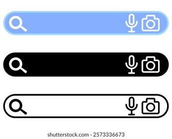 Search Bar Magnifying Glass, microphone and camera Icon, simple flat style, illustration, logo sign symbol pictogram template, for ui or ux isolated on white for mobile app, editable	