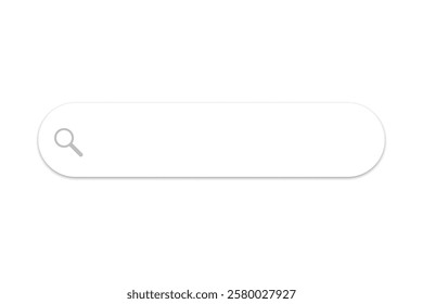 Search bar mockup. Minimal magnifier icon. White input shape. Vector web element.