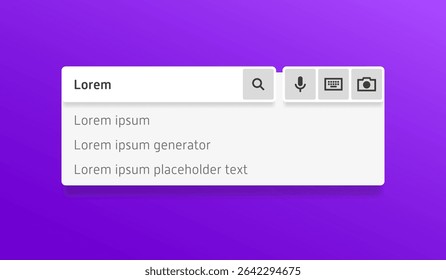 Maquette de barre de Recherche avec le mot tapé « Lorem » et les requêtes suggérées, avec des icônes pour la voix, le texte et l'entrée d'Images sur fond dégradé violet.
