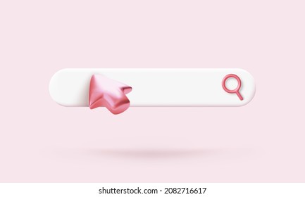 Search bar with mouse cursor and magnifier. Arrow below research field in pink color. Vector illustration