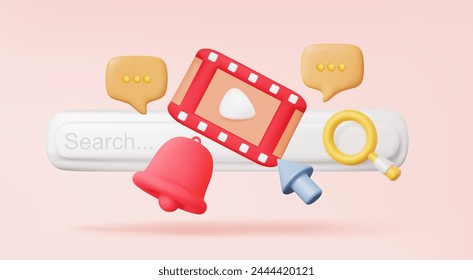 Search bar Movie ticket online notification bell cinema coupon booking ticket service show concert event entertainments, 3D icon streaming playing video multimedia. Eps 10 vector. illustration