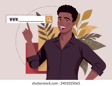 Search bar navigation menu, african american man finger point sign. Web page browser, text box computer screen template, public websites user interface. Vector illustration, botanical leaf background
