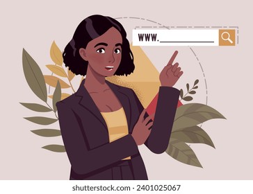 Search bar navigation menu, african american woman finger point sign. Web page browser, text box computer screen template, public websites user interface. Vector illustration, botanical background