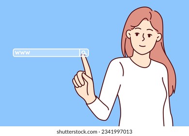 Search bar near woman clicking on virtual screen for surfing internet and visiting website or downloading software. Advanced girl uses search bar to enter cyberspace and gain access to technologies