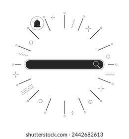 Barra de búsqueda con campana de notificación en el marco blanco y negro 2D línea de objetos de dibujos animados. Elemento de contorno vectorial aislado de interfaz de explorador web. Ilustración monocromática de punto plano de desarrollo de software
