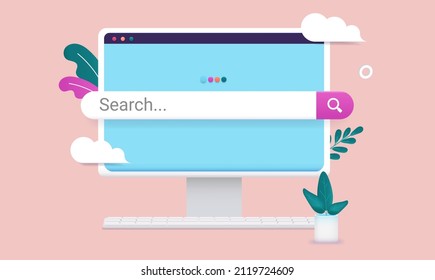 Search bar on computer screen - Desktop pc with blue internet search page and decorative design elements. Vector illustration