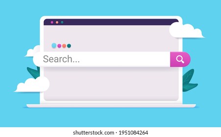 Search bar on computer - Vector illustration of white laptop with browser and search popping out of screen. Searching web and internet concept.