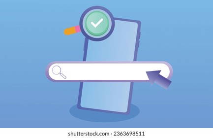 Search bar on screen mobile phone with magnifying glass. Searching on internet with smartphone. Search engine.on blue background.Vector Design Illustration.