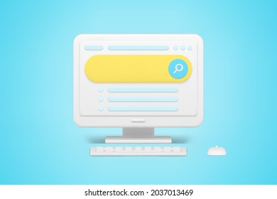 Barra de búsqueda en el icono 3d del sitio web. Tira volumétrica de navegación en línea del sitio con símbolo de lupa. Interfaz de usuario para consulta de texto. Navegador de optimización e información. Vector aislado realista