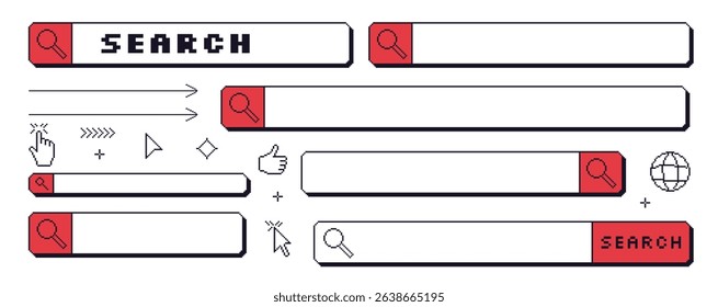 Search bar pixel art set. 8bit web browser elements collection. Retro internet find shapes. Cursor, engine, buttons and windows. Vector illustration isolated on white background.
